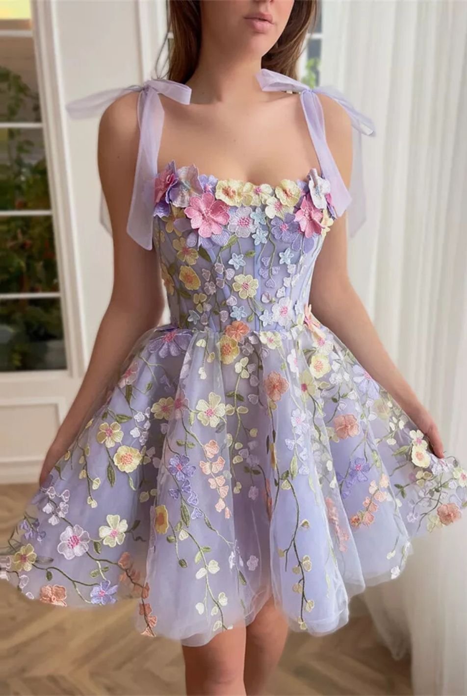 Lavender Floral Lace Mini Prom Dress 3